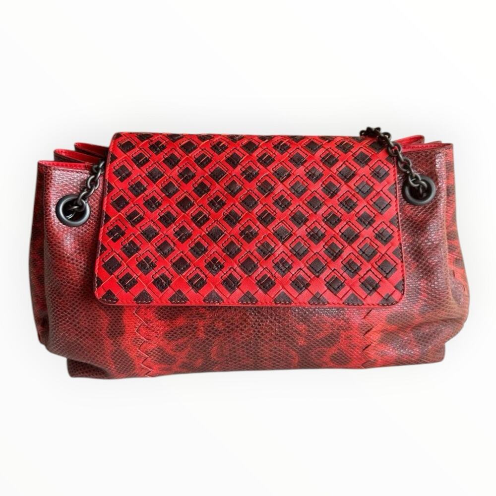 Python Leather Red Shoulder Bag With Chain Strap - Picture 12 of 12